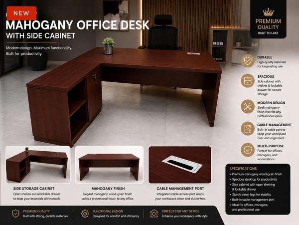 Mahogany Office Desk with Side Cabinet