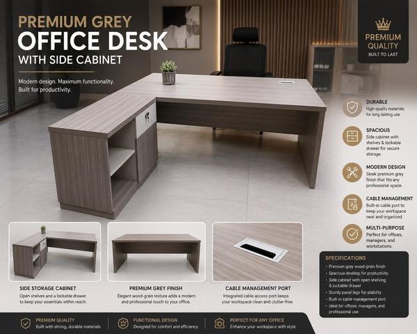 Premium Grey Office Desk with Side Cabinet