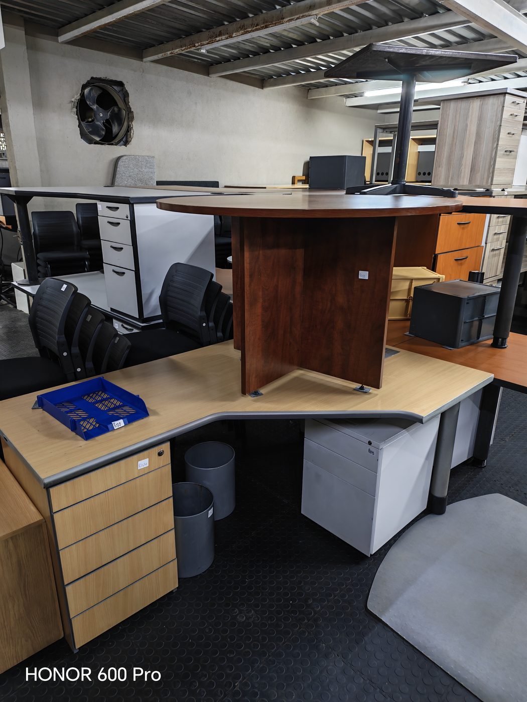 Second-hand beech corner desk and round meeting table