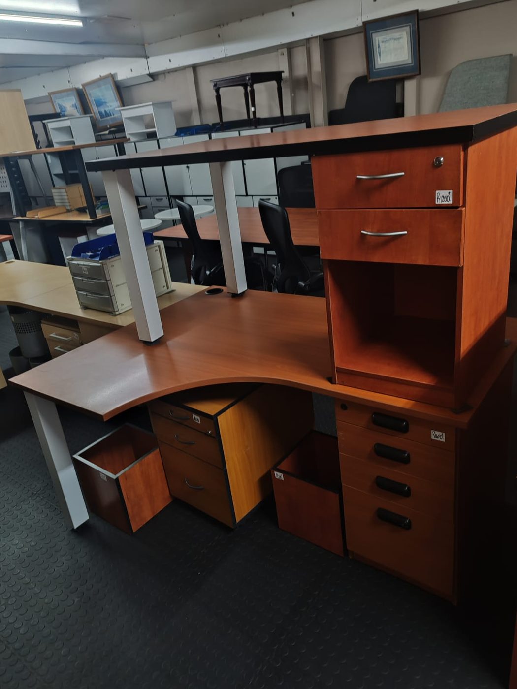 Second-hand cherry desk with black riser