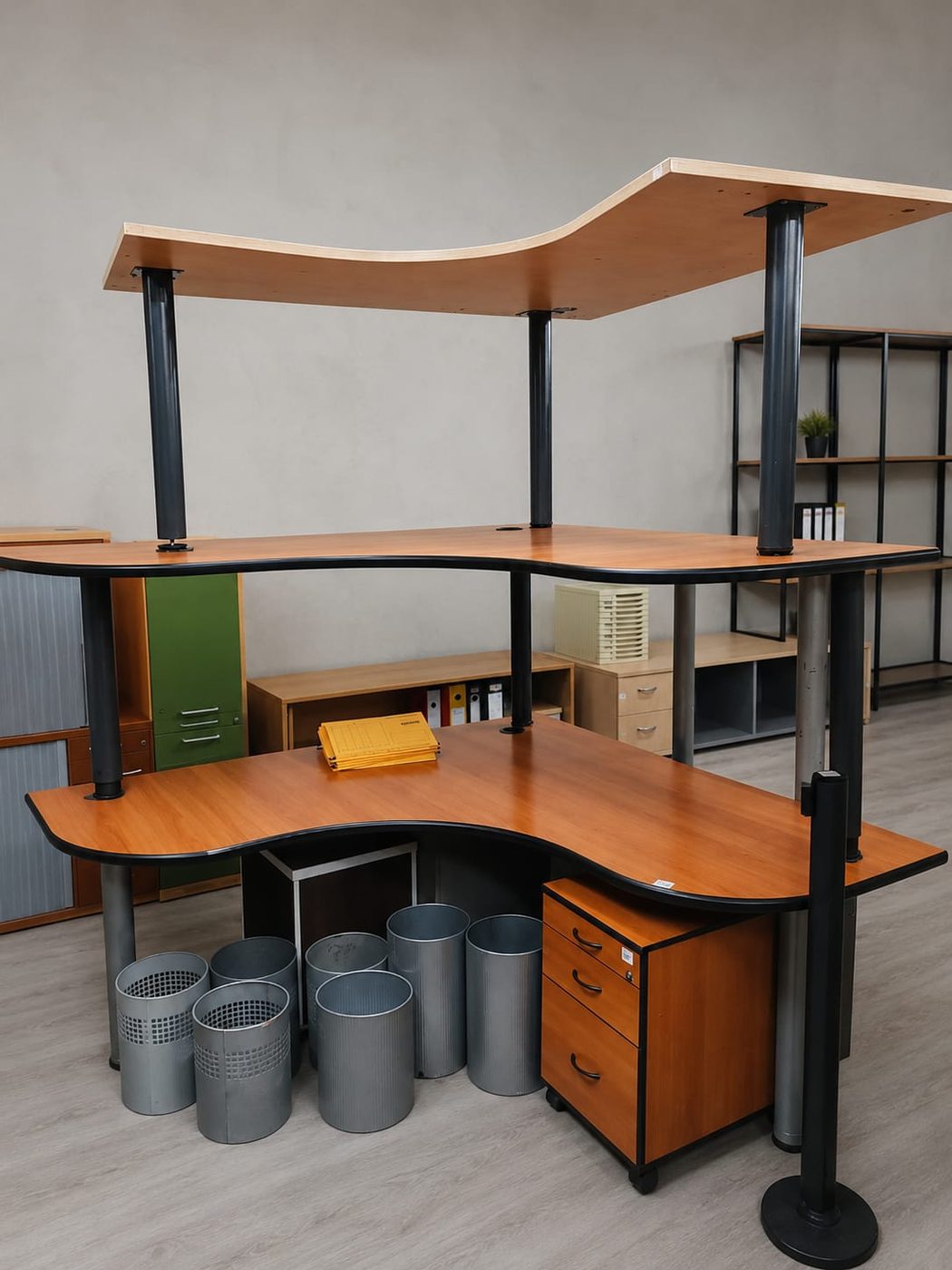 Second-hand corner workstation with overhead shelf — full view