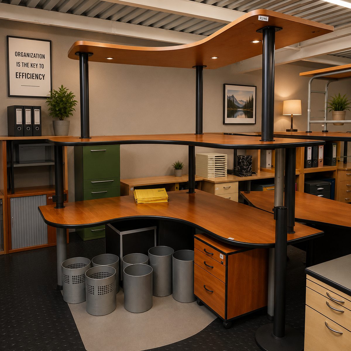 Second-hand corner workstation with overhead shelf