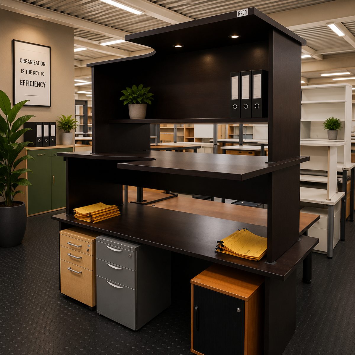 Second-hand dark wenge desk unit with overhead shelf