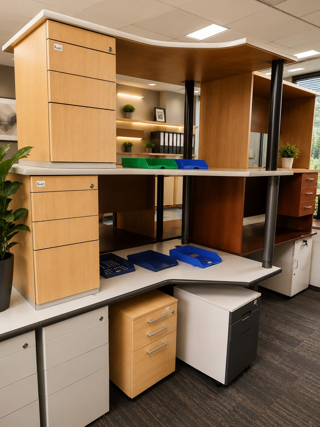 Second-hand desk cluster with mobile pedestals