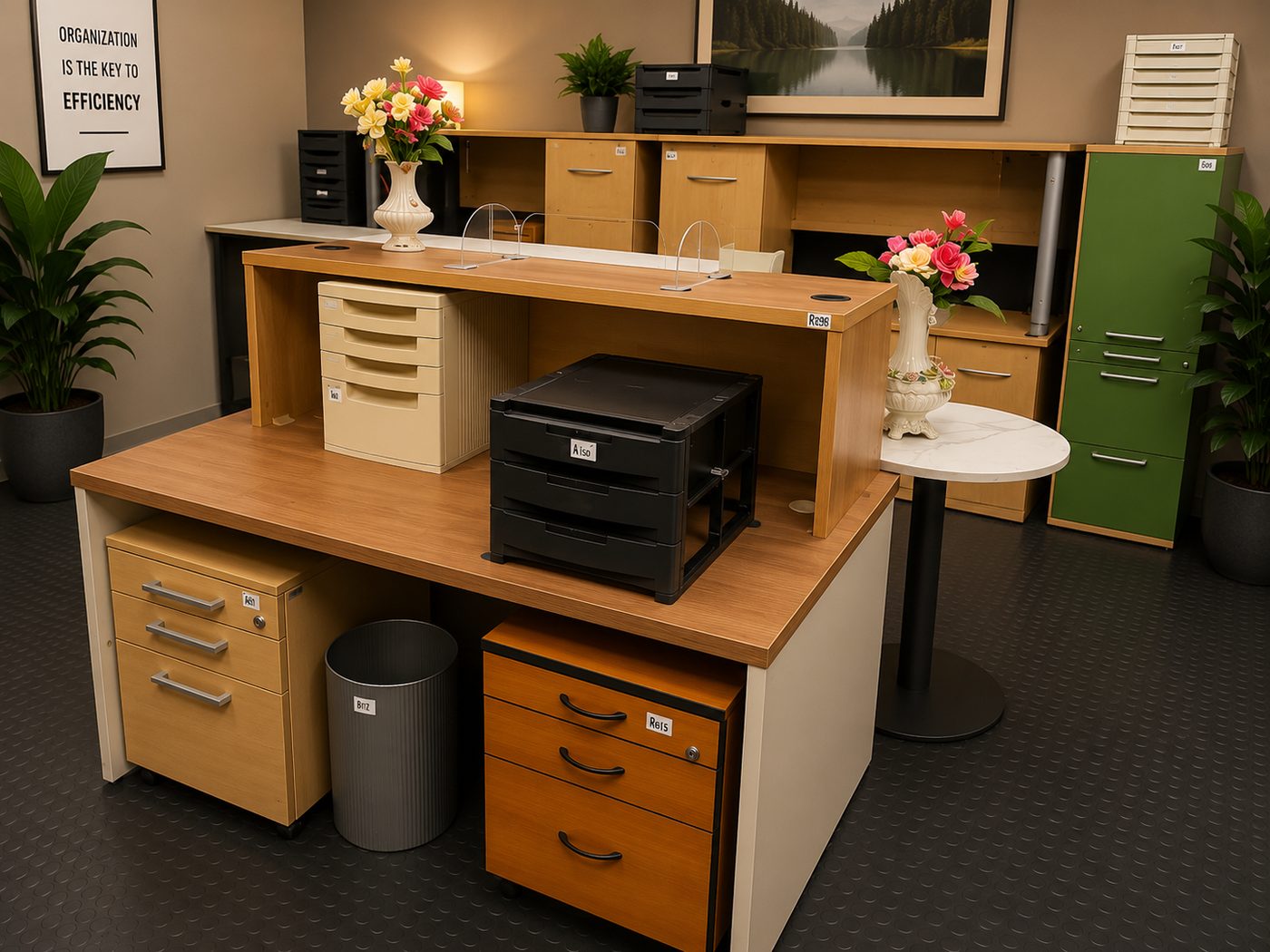 Second-hand desk with riser, pedestals and desktop organisers