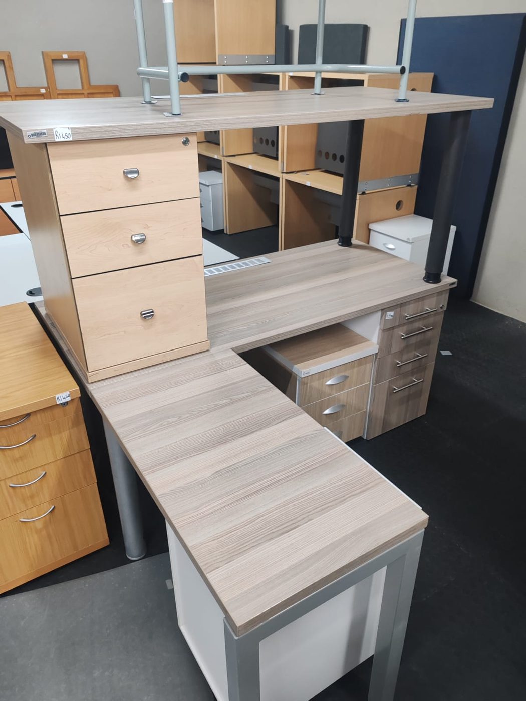 Second-hand grey oak desk with drawer pedestals