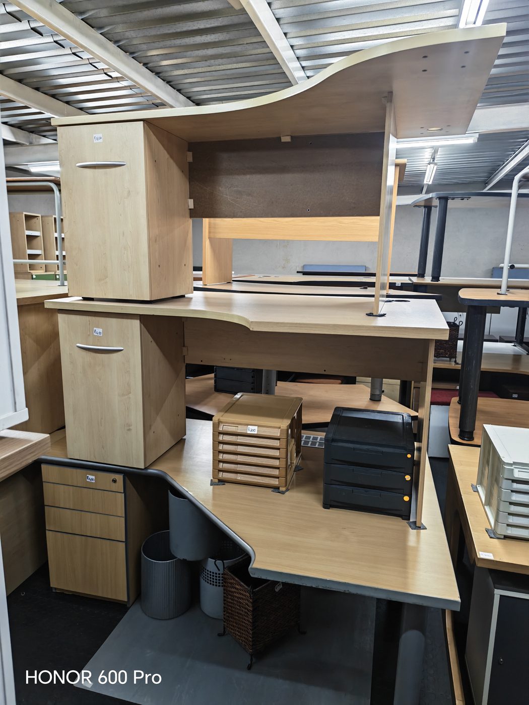 Second-hand maple corner desks with cupboard pedestals