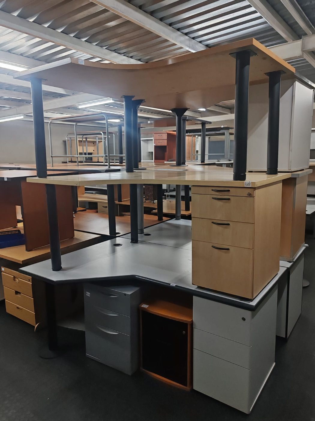 Second-hand maple corner desks with pedestals