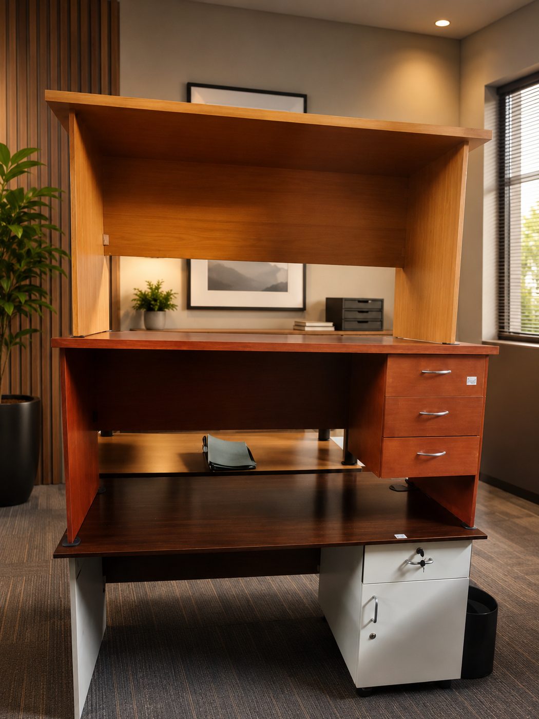 Second-hand desks — oak, cherry and mahogany