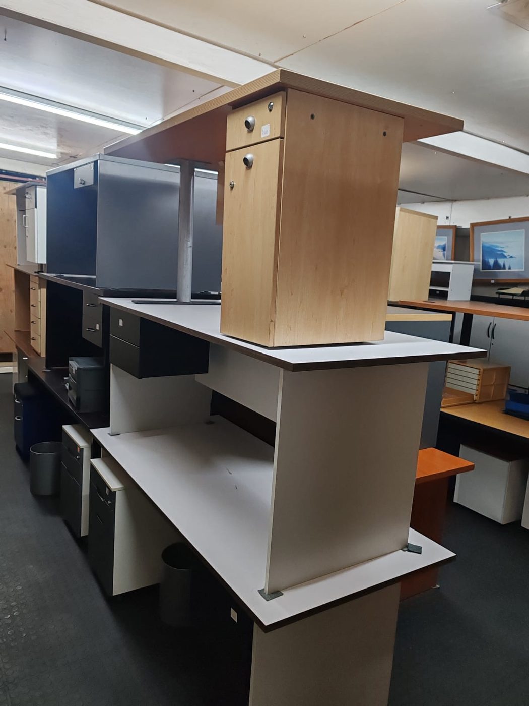 Second-hand white desks with maple mobile pedestal
